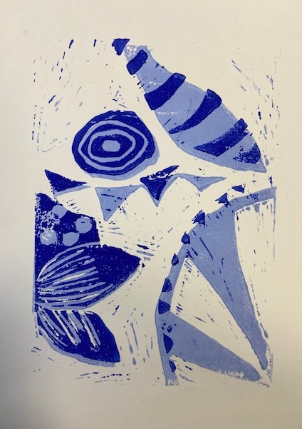 Lino print - pattern in shades of blue