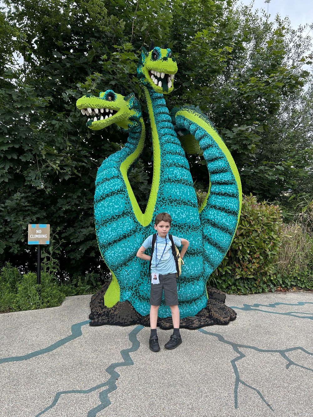 Student and large lego creature