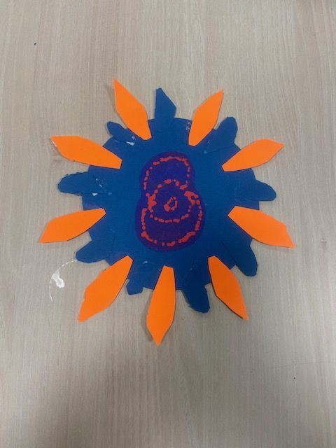 Big blue centre with little orange petals