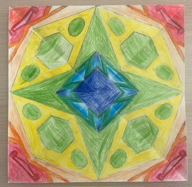 Colourful earth mandala green star on yellow with red corners