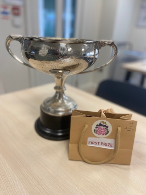 Close-up of the trophy and prize