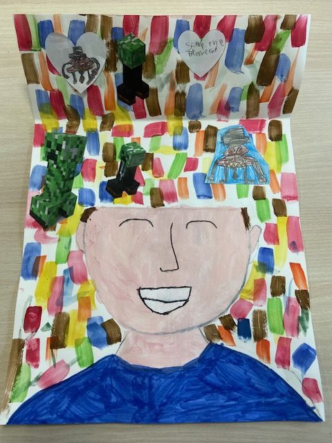 Portrait with meaningful things Brightly coloured portrait unfolded to reveal the things which have meaning to the student