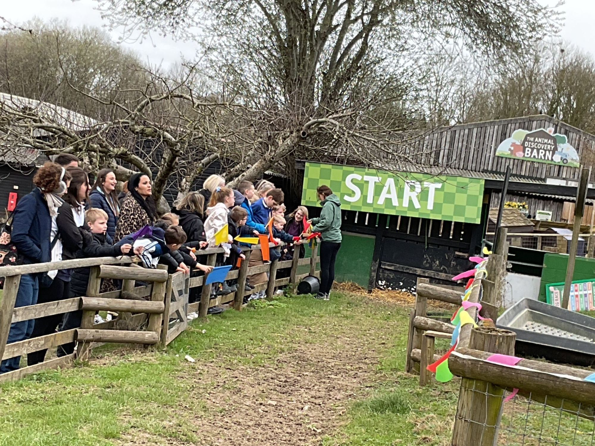 Staff and students waiting for the pig race to start