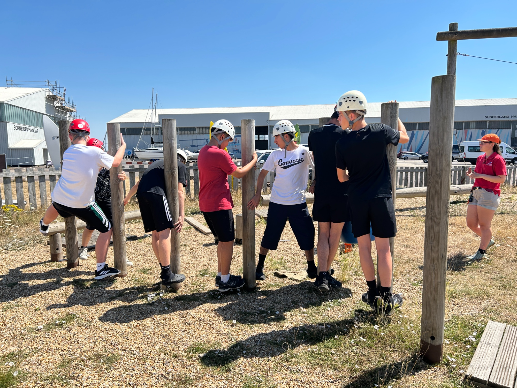Students working their way around an obstacle course