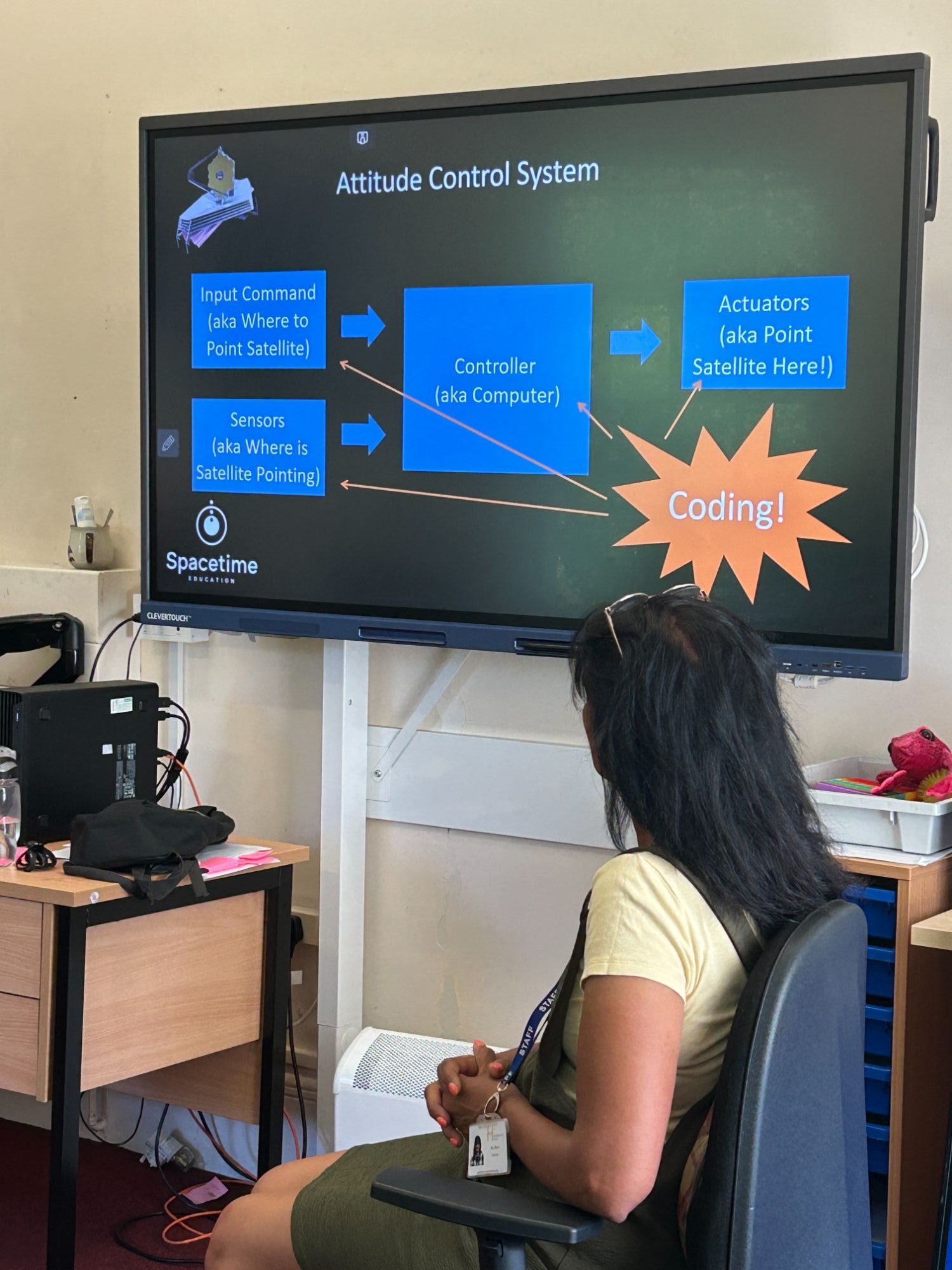 Teacher listening to the speaker and watching the presentation