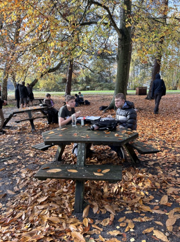 Students eating their lunch on benches outside