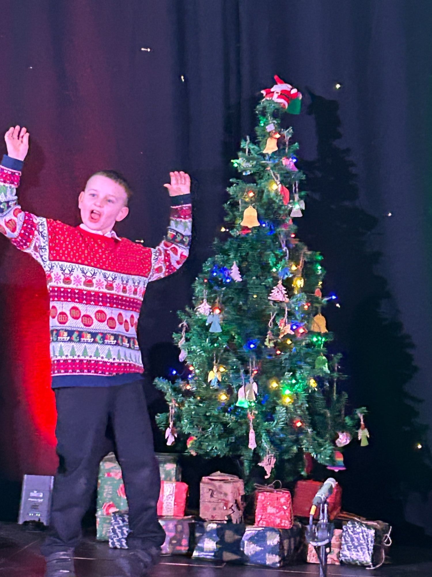 Student standing by the Christmas tree on stage