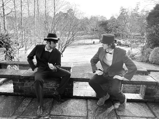 Bugsy 2 Black and whote photo of two male students from Bugsy Malone