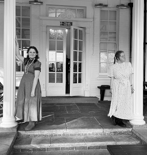 Black and white photos of two female students performing in Bugsy Malone