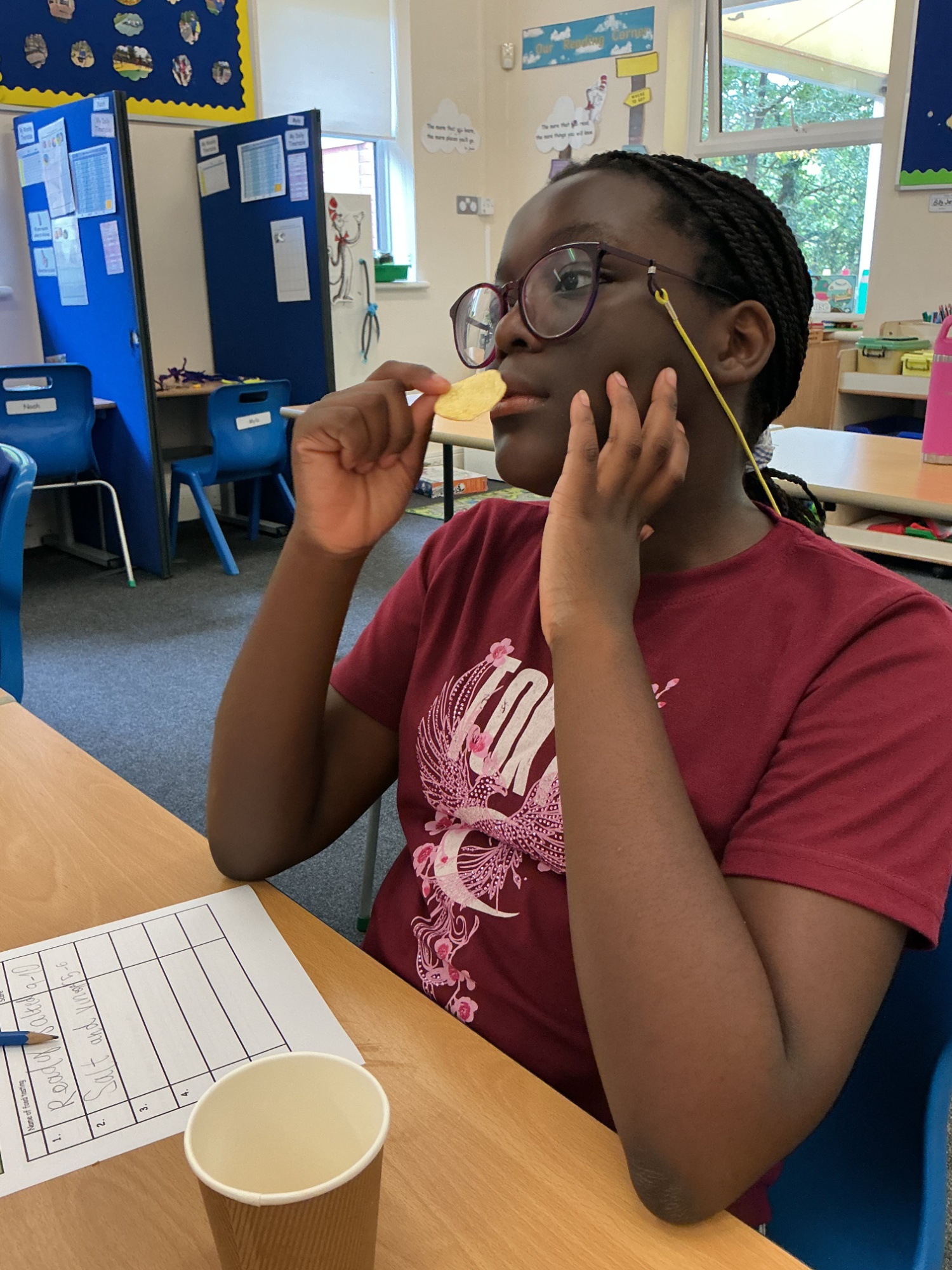 Girl tate testing a crisp and thinking about her rating