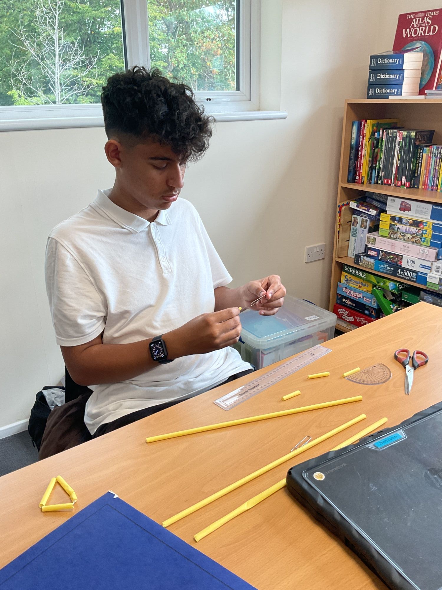 Student problem solving at a desk