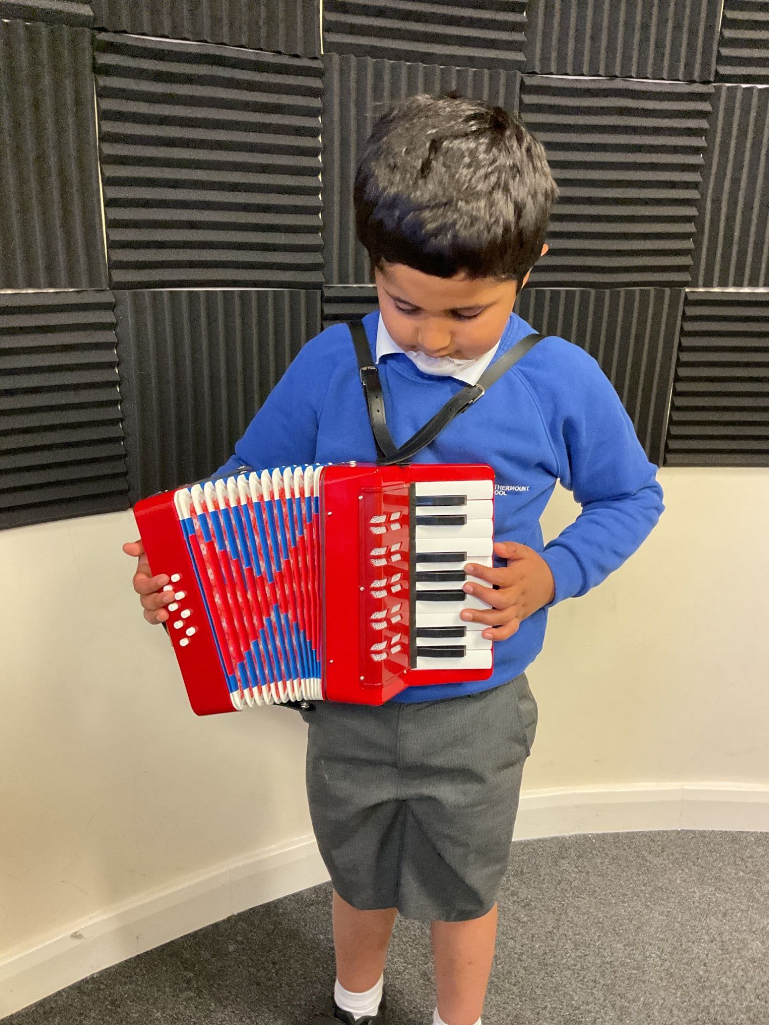 Small boy concentrating on playing the accordian