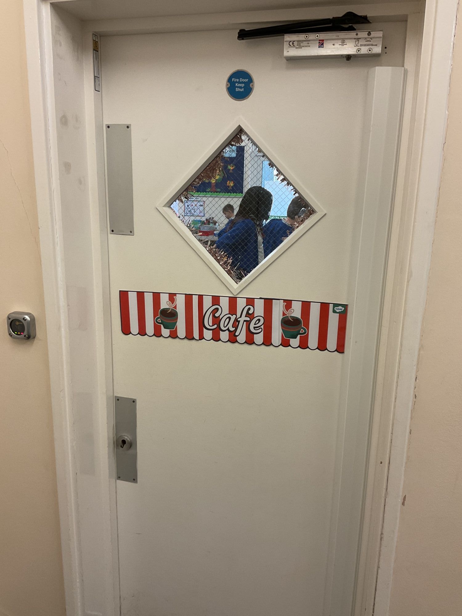 Classroom door with Cafe sign