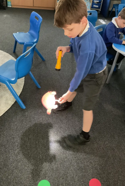 Foundation student using a torch and animal cut out to produce a shadow