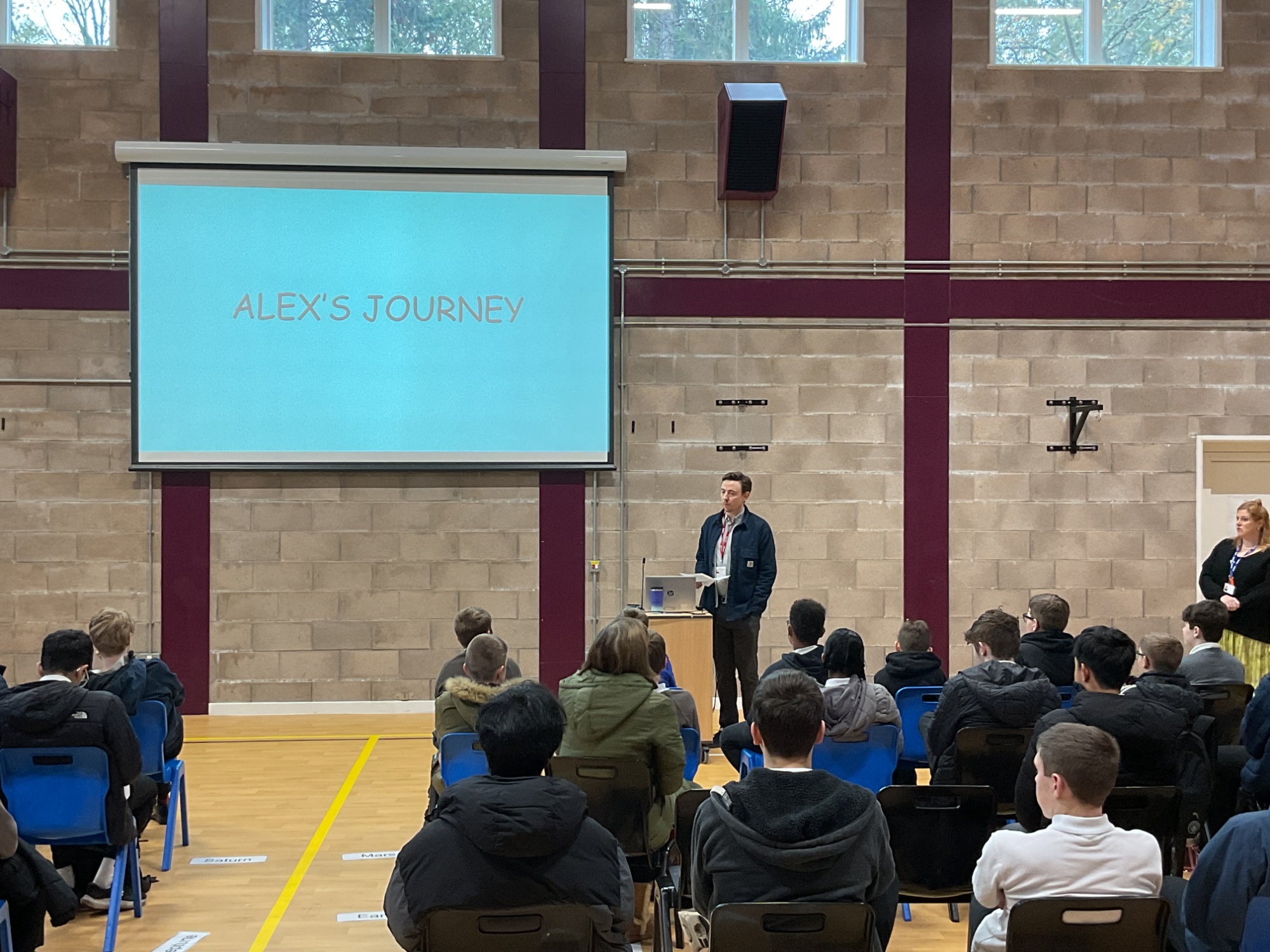 Alex leading an assembly on performing arts careers 