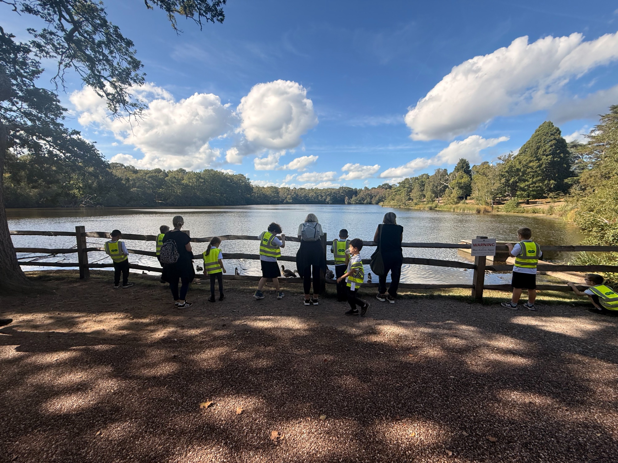 Children and staff looking out over the lake