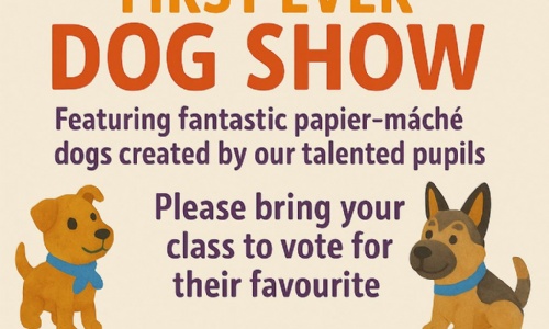 Poster for Heathermount's first ever dog show featuring paper mache dogs