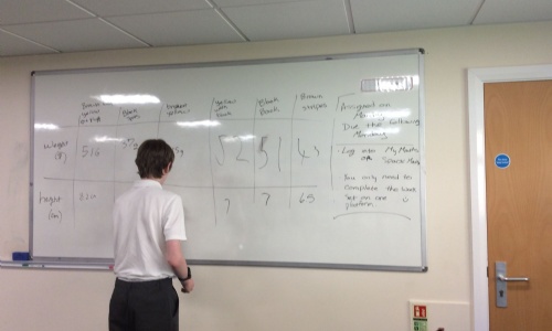 Student filling in data on a White Board chart