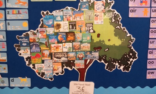 A photo of Apple classes Term 1 reading tree - a big picture of a tree with 36 books stuck to it