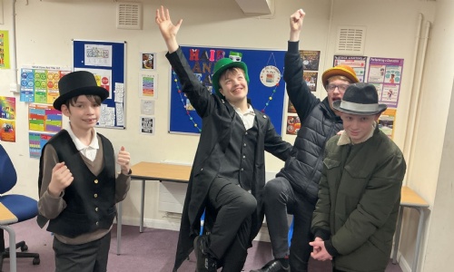 Students from Saturn and Neptune class rehearsing for the musical where they will appear as part of a gang.