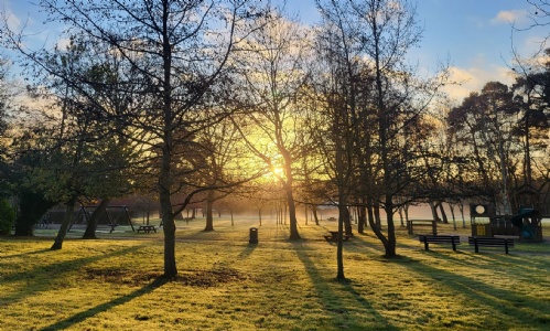 The sun rising over the grounds at Heathermount